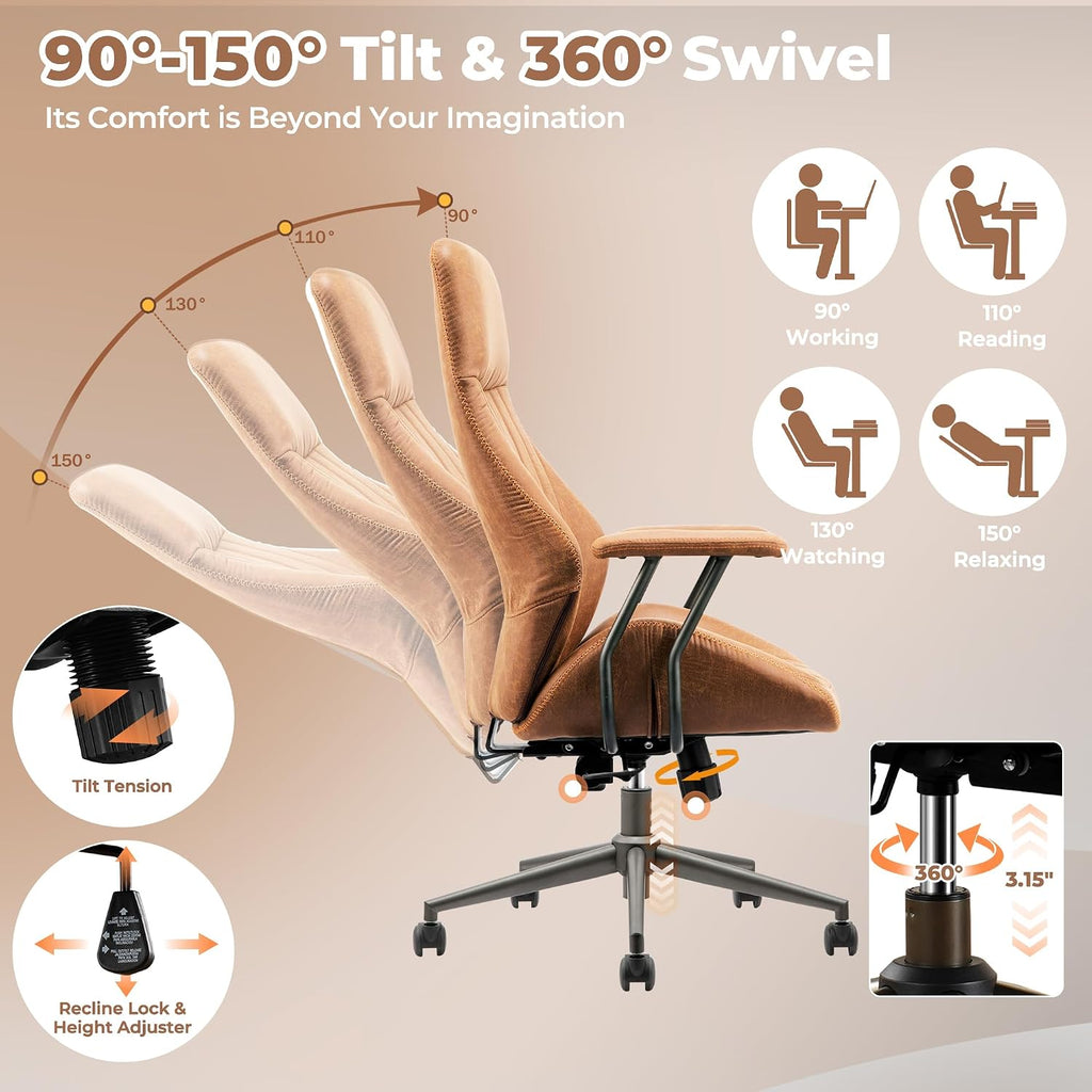 ovios Ergonomic Office Chair, High Back Faux Leather Executive Chairs with Armrests, Comfy Mid-Century Modern Swivel Rolling Computer Armchair (Brown, Suede Leather)