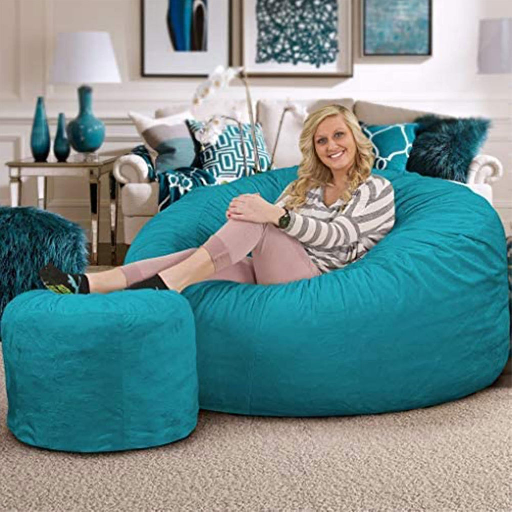 Ultimate Sack 6000 6-Foot Bean Bag Chair with Footstool, Teal Suede Cover – Oversized Foam Lounger, Floor Seat, Small Sofa, or Couch Bed for Living Area, Gaming Room, or Reading Lounge