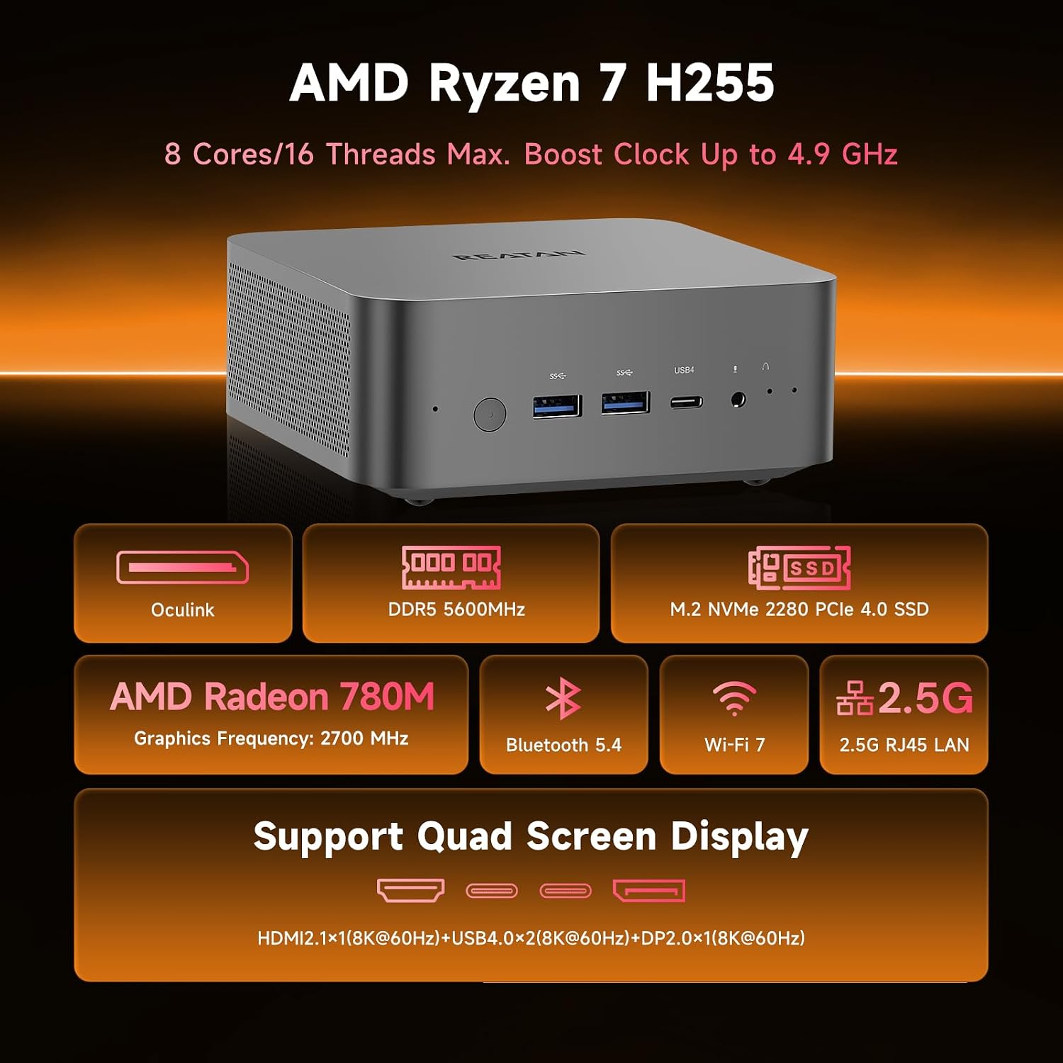 Reatan X7 Mini Gaming PC,AMD Ryzen 7 255(8C/16T, up to 4,9 GHz) Radeon 780M 48GB RAM DDR5 + 2TB SSD Up to 8K Quad-Screen Display Desktop Gaming Mini Computers OCulink WiFi 7 BT:5.4 Built-in Speaker
