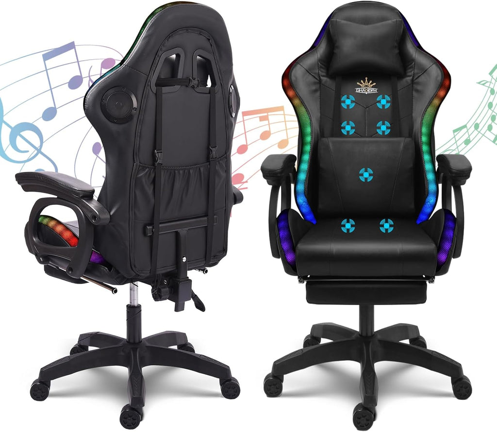 Computer Gaming Chair with Speakers and Massage RGB Video Game Chair Ergonomic Gamer Chair Racing Chair PU Leather High Back Recliner Chair with Lumbar Support Headrest Armrest,Black