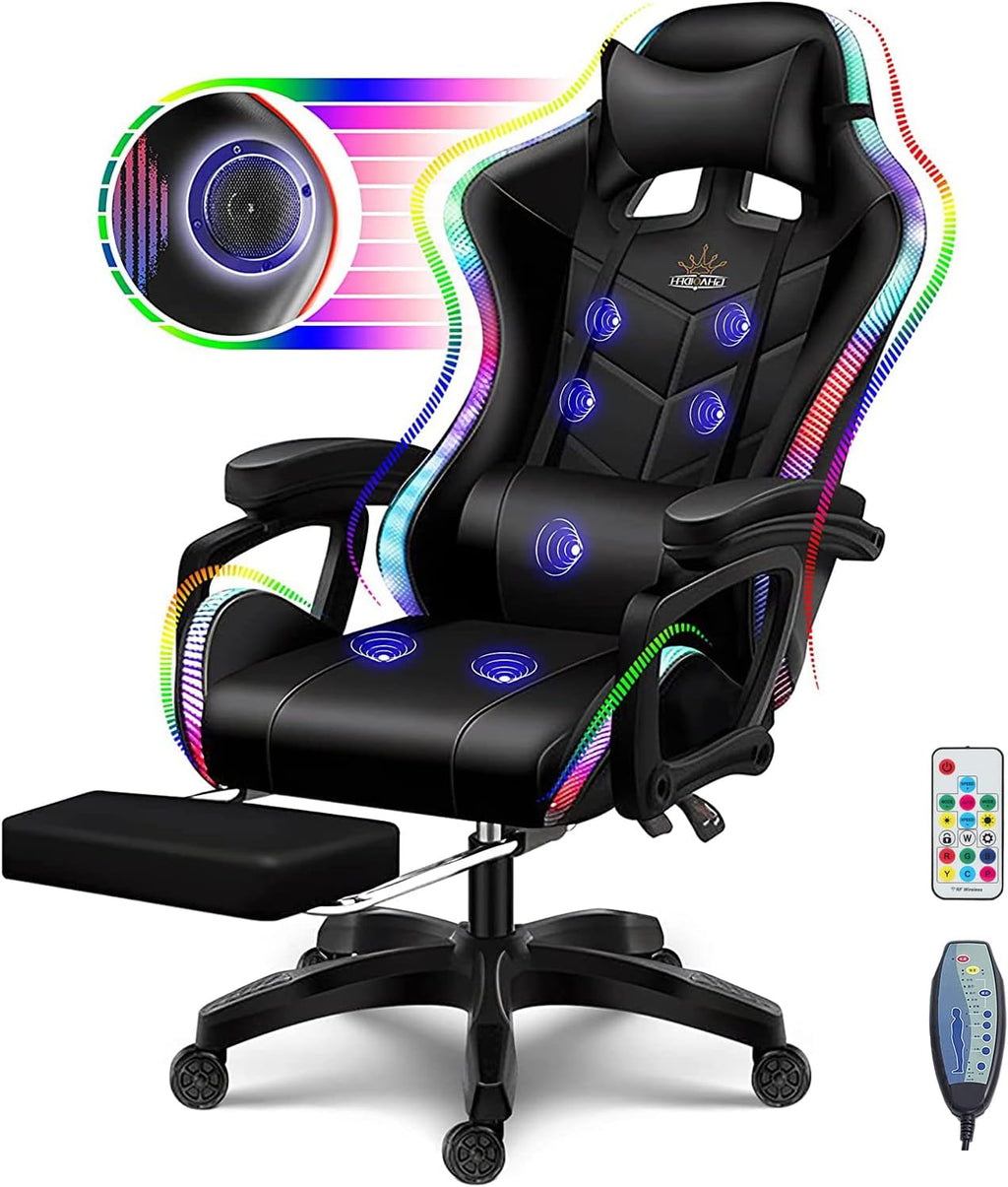 Full Massage Gaming Chair with Speakers and LED Lights Ergonomic Office Chair with Footrest Lumbar Support Adjustable Height Racing Game Chair PU Leather Computer Chair for Adults Teens,Black