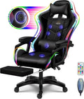 Full Massage Gaming Chair with Speakers and LED Lights Ergonomic Office Chair with Footrest Lumbar Support Adjustable Height Racing Game Chair PU Leather Computer Chair for Adults Teens,Black