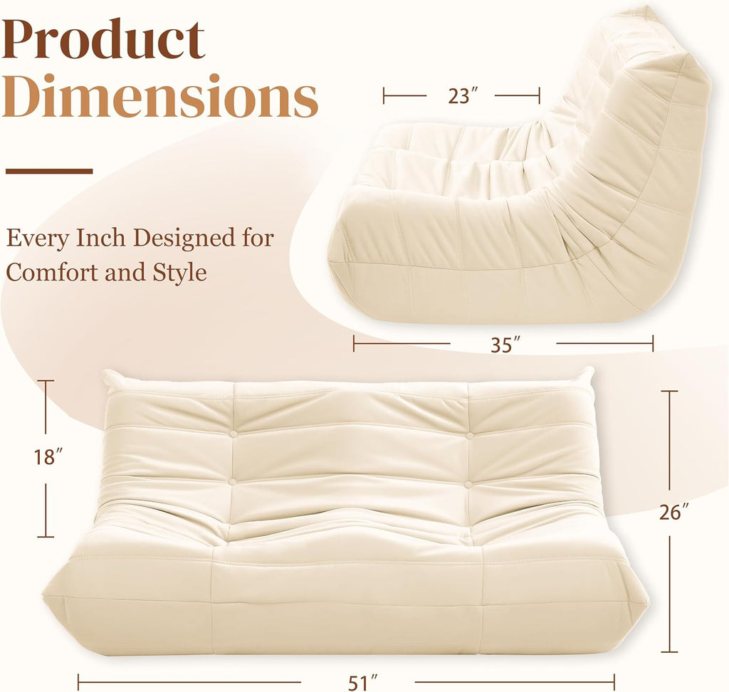 Bean Bag Chair, Loveseat Fireside Chair Bean Bag Sofa for Adults, 2 Seater Bean Bag Chairs for Teens with High-Resilience Foam, Memory Foam Bean Bag for Living Room, Bedroom, Office (Suede, Beige)