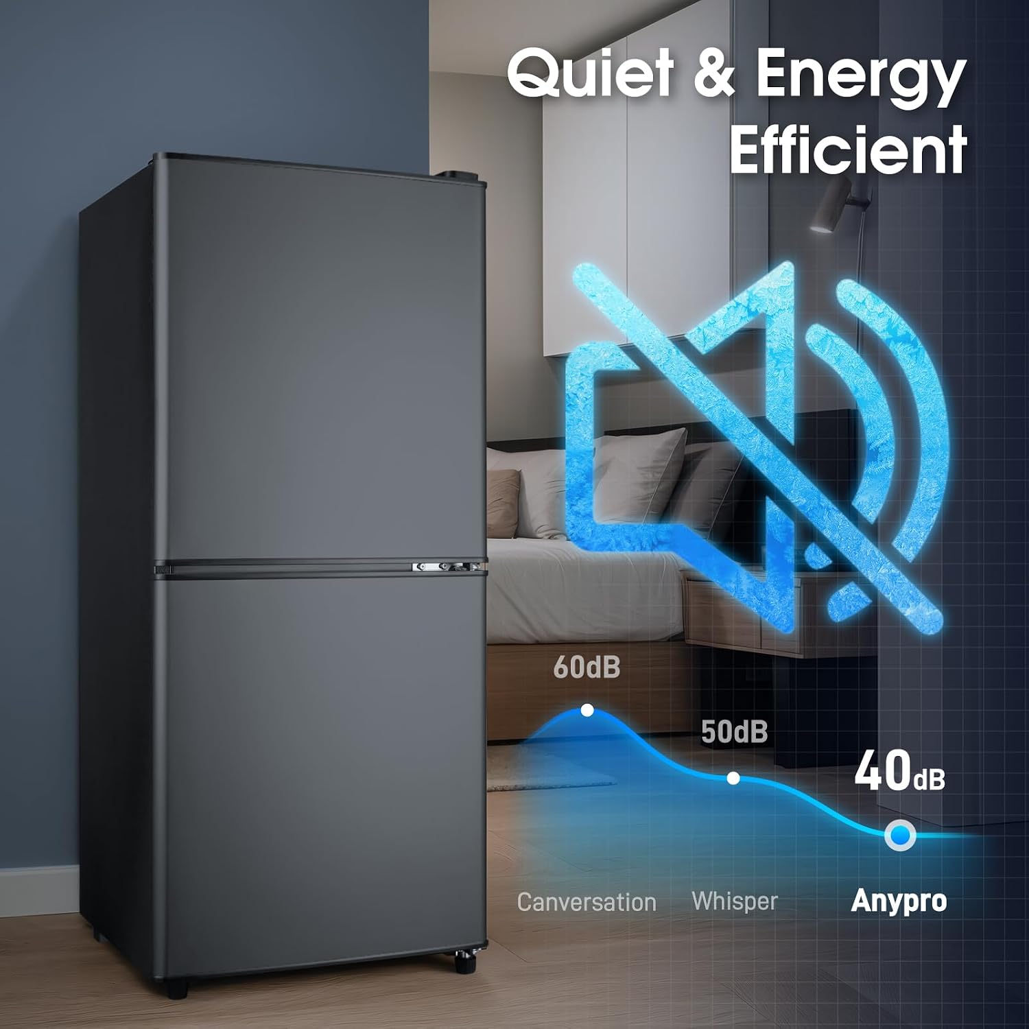 Anypro Double Door Fridge with Bottom Freezer, 4.0 Cu.Ft Refrigerator with Drawer, 7 Adjustable Temperature Settings for Bedroom, Dorm, Office, Apartment, Large Capacity, Black