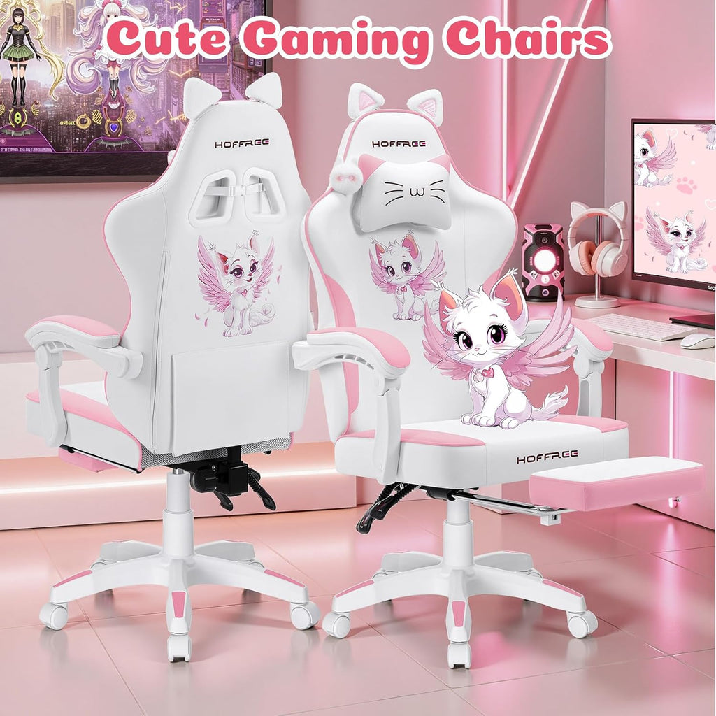 HOFFREE Pink Gaming Chair with Cat Ears and Cloud Massage Lumbar Ergonomic Cute Computer Chair for Girls with Footrest Comfortable Reclining Game Chairs for Adults Pink and White