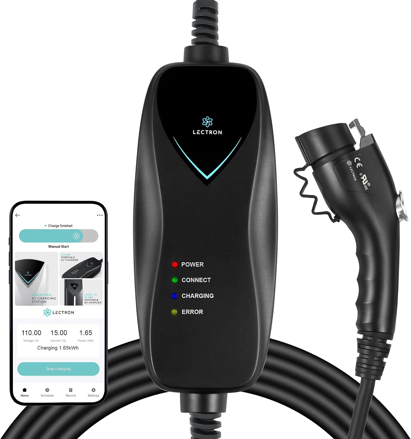 Lectron Level 1 J1772 Charger (WiFi Version) - 120V, 15 Amp, NEMA 5-15 Plug, 16 ft Extension Cord - Portable Electric Car Charger for J1772 Evs