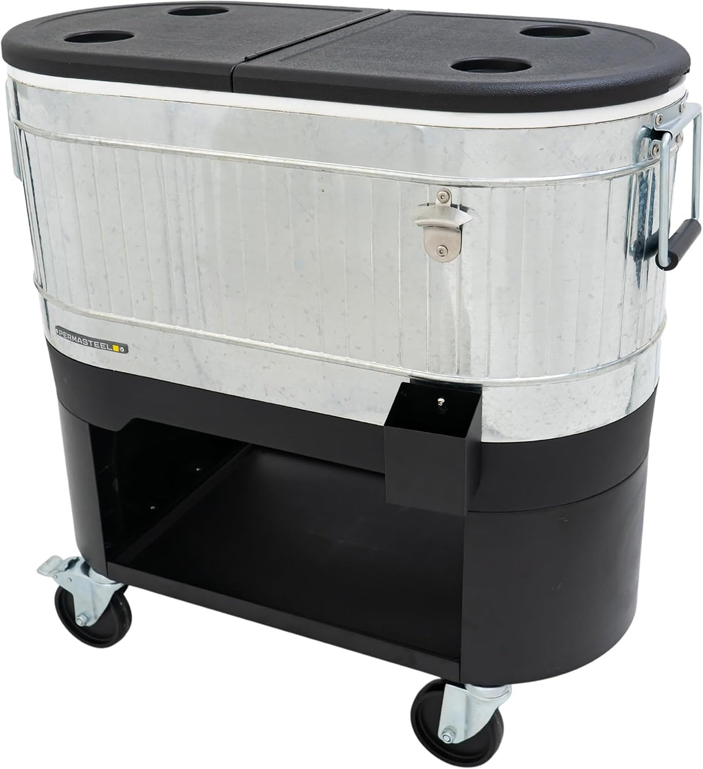 Permasteel Rolling Patio Cooler – Large Outdoor Ice Chest with Wheels, Beverage Cooler for Backyard, BBQ, Tailgate, Beach, Parties, Rustic Farmhouse Design