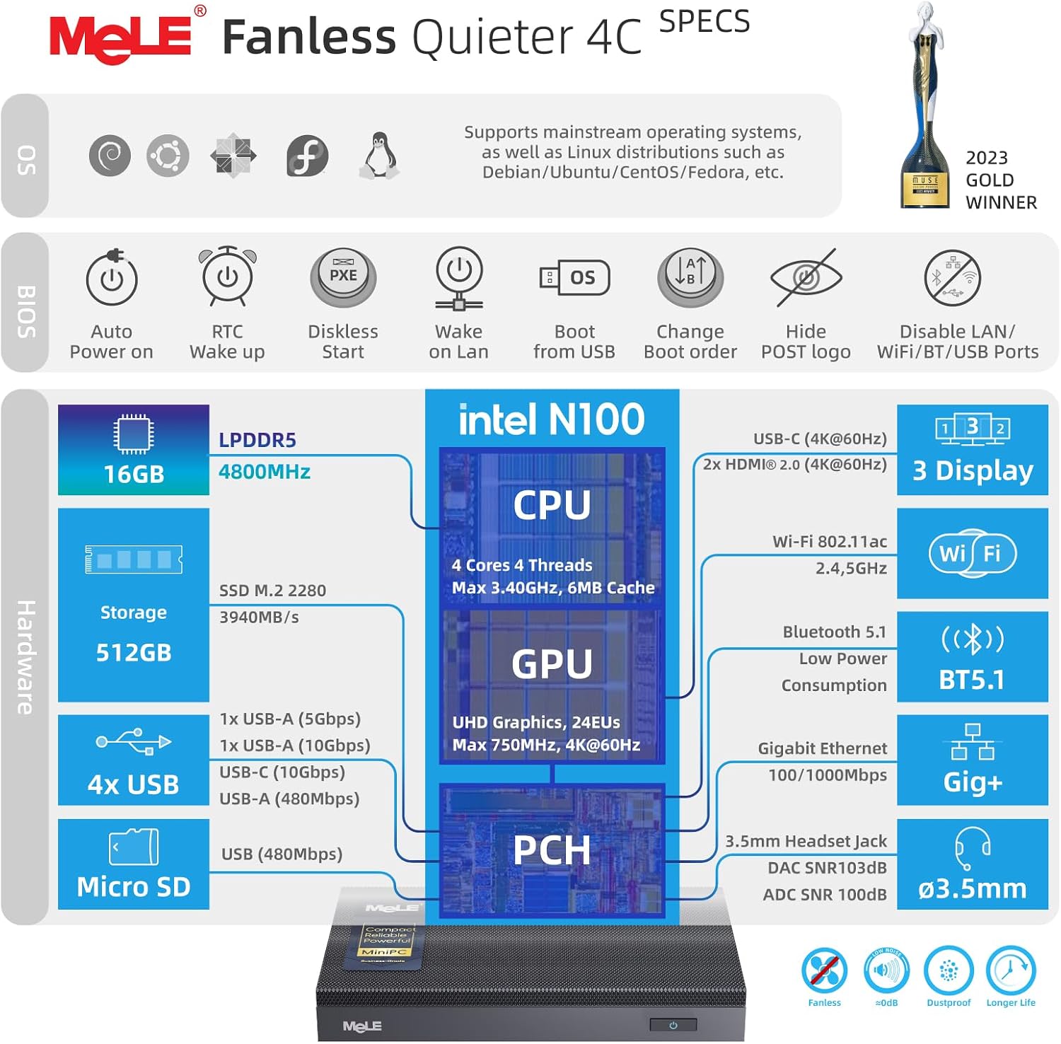 MeLE Fanless Mini PC Quieter 4C, N100 16GB RAM 512GB Storage Win 11 Mini Computers, Micro PC with Full-Functional USB-C, 2.4G/5G WiFi, 4K Triple Screen on Home, Office, Education, Astrophotography