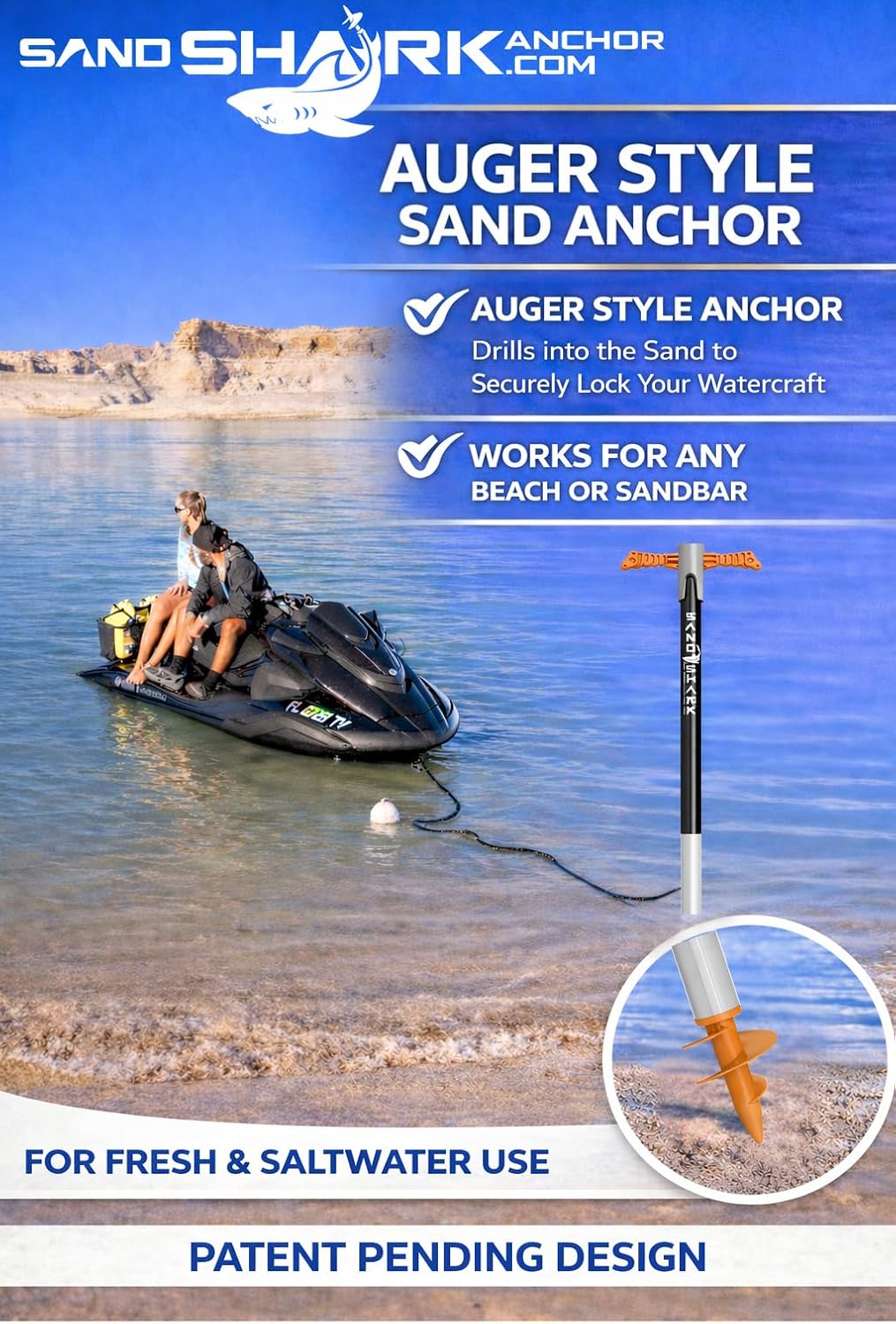 SandShark Supersport 3.0 Shallow Water Anchor - Great Jet Ski, PWC, Pontoon Boat Accessory - Adjusts 29'-48' w/Case