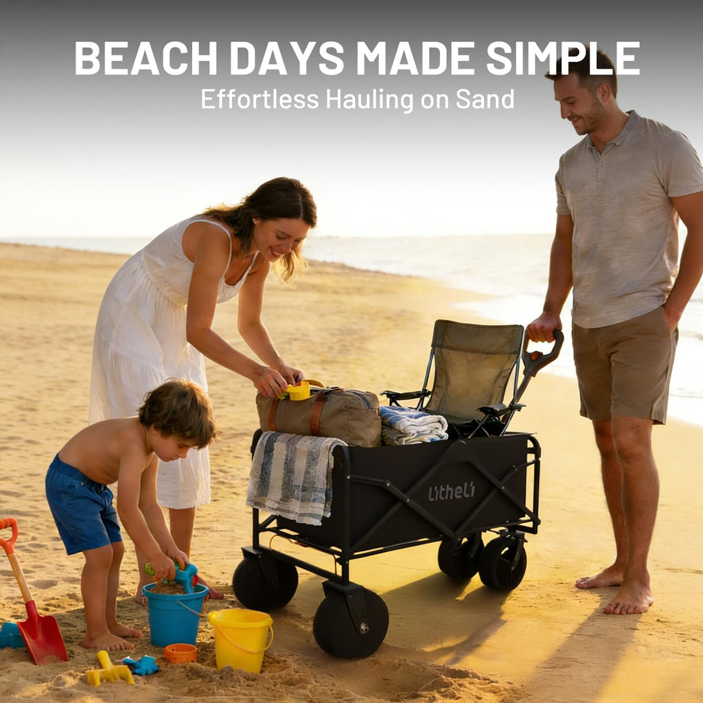 Litheli Electric Collapsible Wagon Cart Foldable, 100L Portable Folding Wagon Cart with Wheels, Outdoor Lightweight Utility Carts for Beach Grocery Camping Shopping，Black