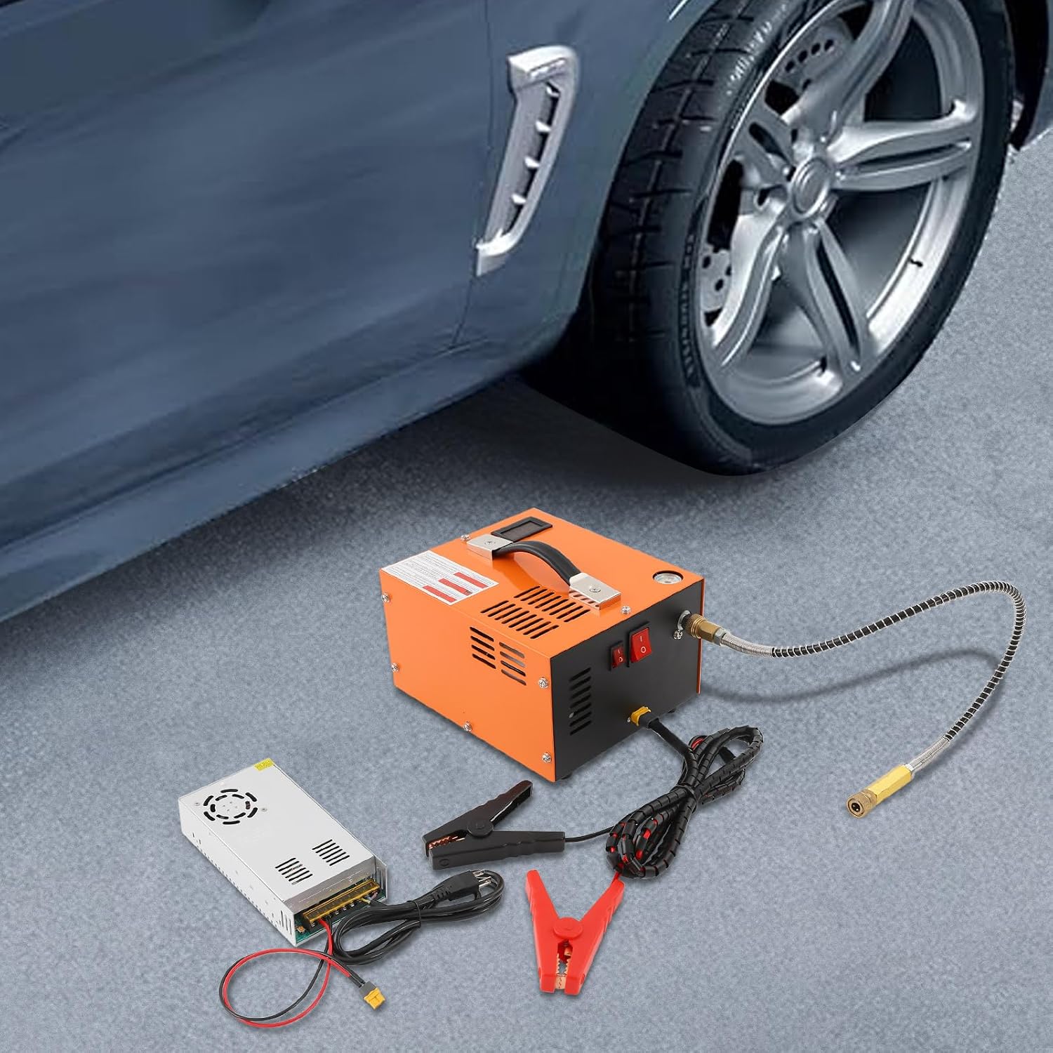PCP Compressor,Air Gun High Pressure Pump Transformer 4500psi 12V High Pressure Air Compressor Built-in Transformer Portable High Pressure Pump Fan Cooling (Orange)