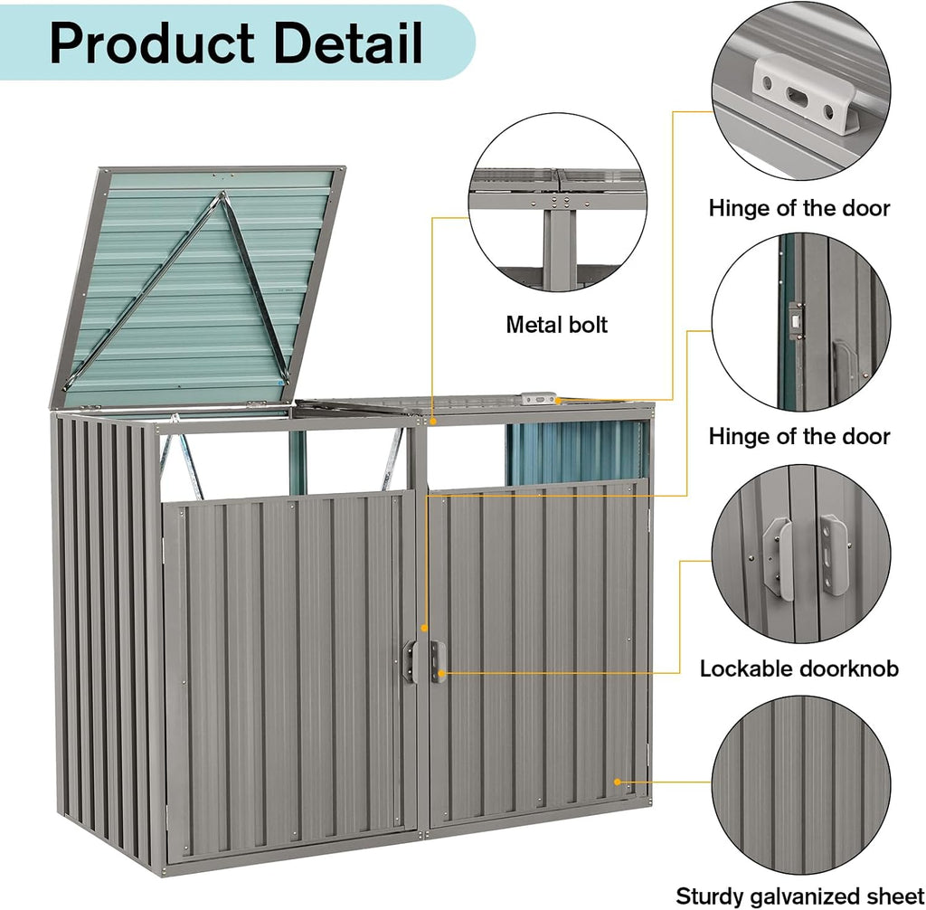 Garbage Bin Storage Shed for 2 Trash Cans Outdoor Metal Enclosure Charcoal Galvanized Steel Garbage Can Holder Hide Utility Bin Shelter Garden Yard