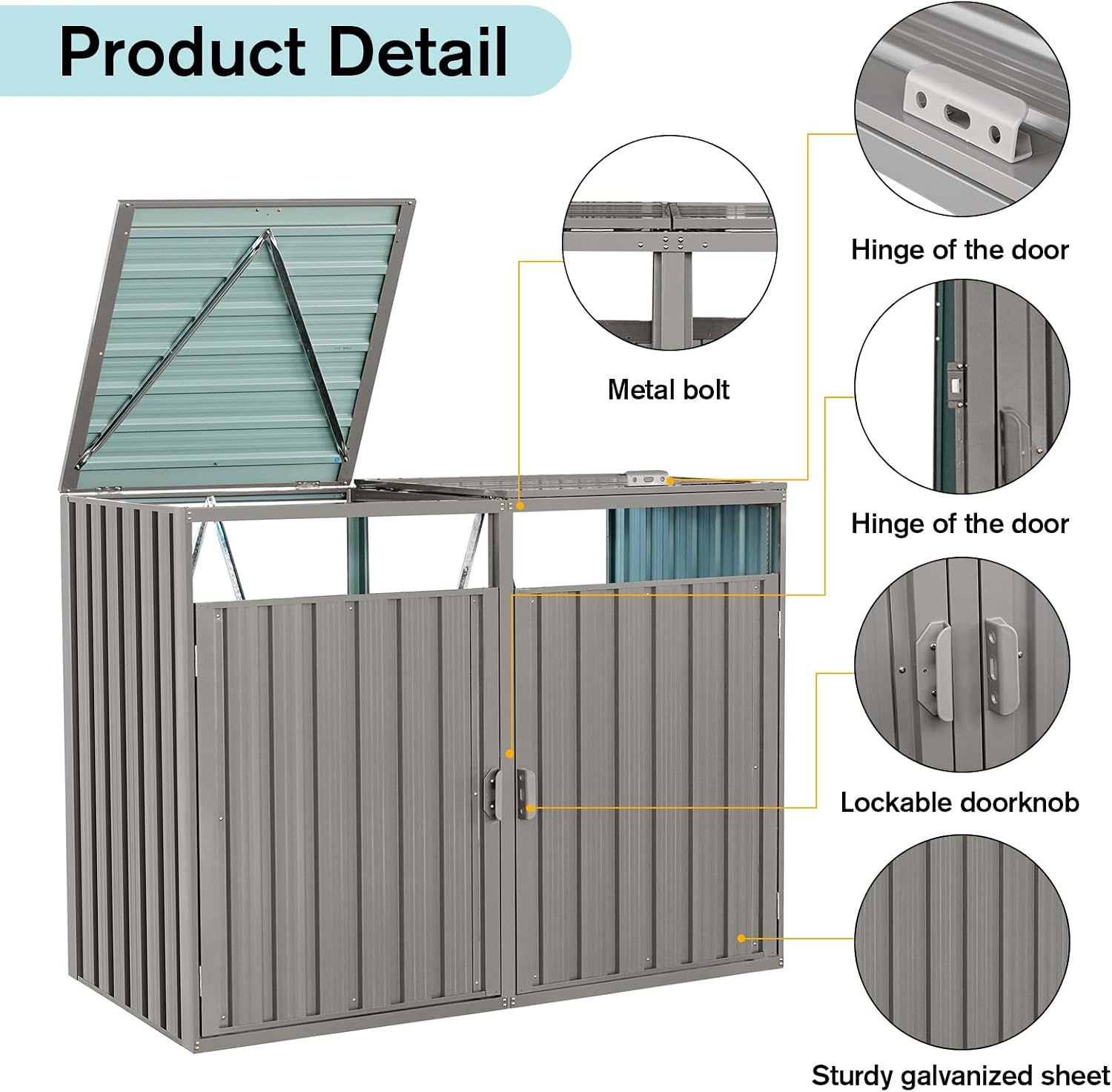 【LuckyNote】 Garbage Bin Shed Stores 2 Trash Cans Metal Outdoor Bin Shed for Garbage Storage,Stainless Galvanized Steel, Bin for Garden Yard Lawn,Grey