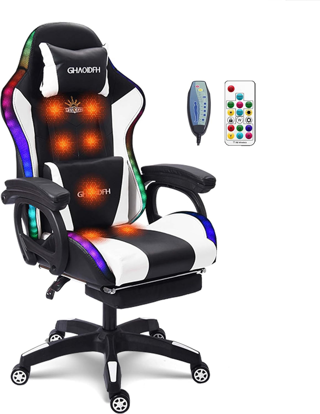 Massage Gaming Chair with Speakers and LED Light, Ergonomic Computer Gaming Chair with Footrest and Adjustable Lumbar Support, PU Leather, 90°-135°, Racing Video Gaming Chair.,White