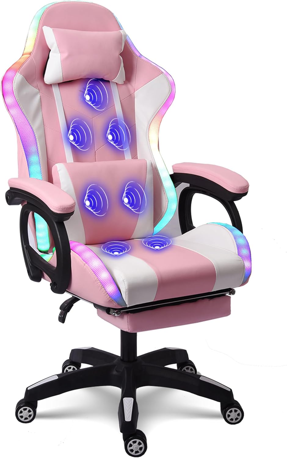 Video Game Chair with Speakers and RGB Lights, Massage Ergonomic Computer Gaming Chair with Footrest and Lumbar Support, 90°-135° Tilt Rocking Chair Gaming Chairs for Adults,Pink