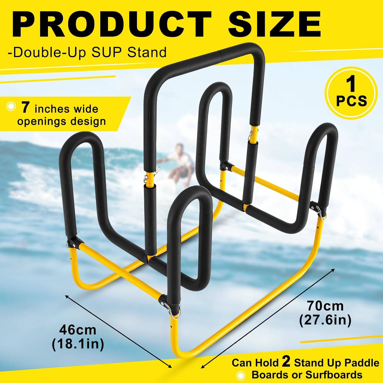 Gisafai Double Up Sup Stand, Holds 2 Standing up Paddle Boards, Freestanding Paddleboard Dock Storage Rack Heavy Duty Metal Surfboard Stand Paddle Board Holder for Floor Outdoor Garage, Yellow