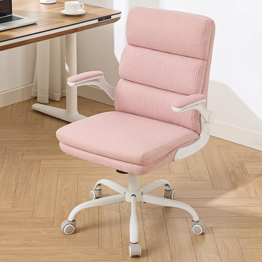 amseatec Office Chair Adjustable Desk Chair Mid Back Executive Comfortable Fabric Ergonomic Back Support Home Computer Chair with Padded Flip-up Armrest Swivel Wheels (Pink)