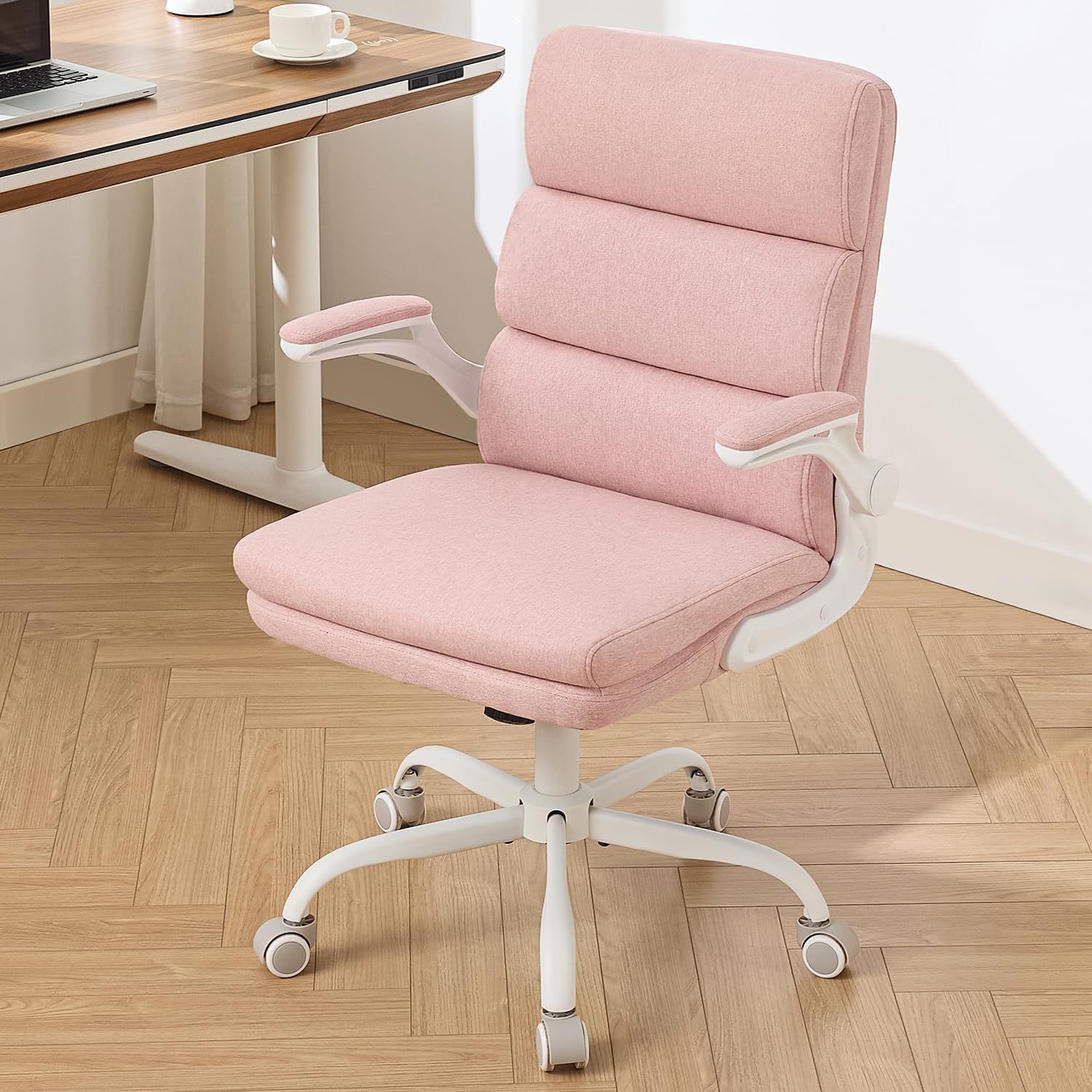 amseatec Office Chair Adjustable Desk Chair Mid Back Executive Comfortable Fabric Ergonomic Back Support Home Computer Chair with Padded Flip-up Armrest Swivel Wheels (Pink)