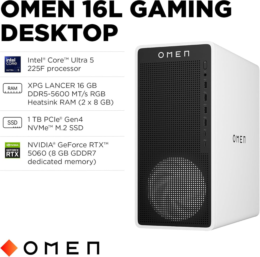 HP OMEN 16L Gaming Desktop PC, Intel Core Ultra 5 225F, 16 GB RAM, 1 TB SSD, NVIDIA GeForce RTX 5060, Windows 11 Home, Microsoft Copilot, Panda Metal, TG03-0120 (2025)