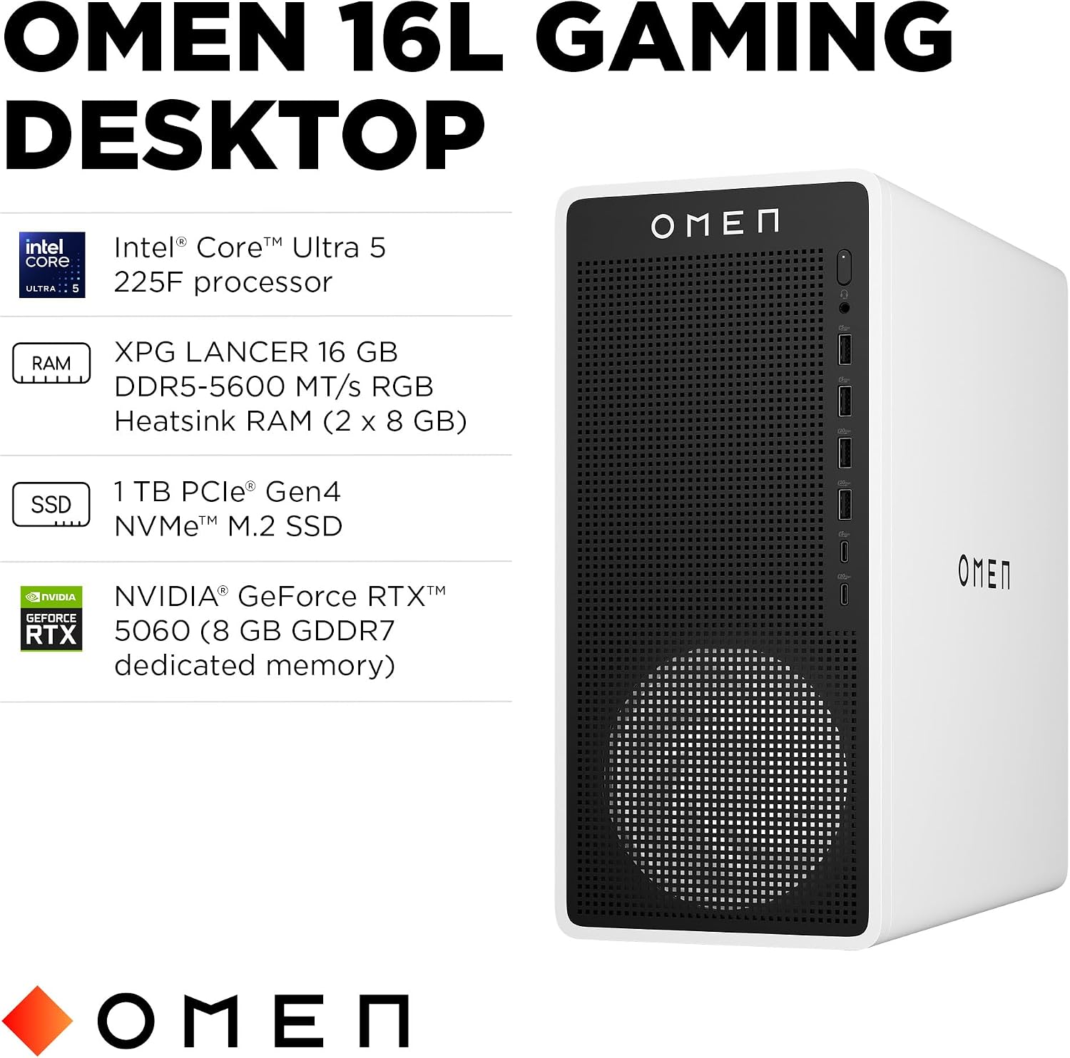 HP OMEN 16L Gaming Desktop PC, Intel Core Ultra 5 225F, 16 GB RAM, 1 TB SSD, NVIDIA GeForce RTX 5060, Windows 11 Home, Microsoft Copilot, Panda Metal, TG03-0120 (2025)