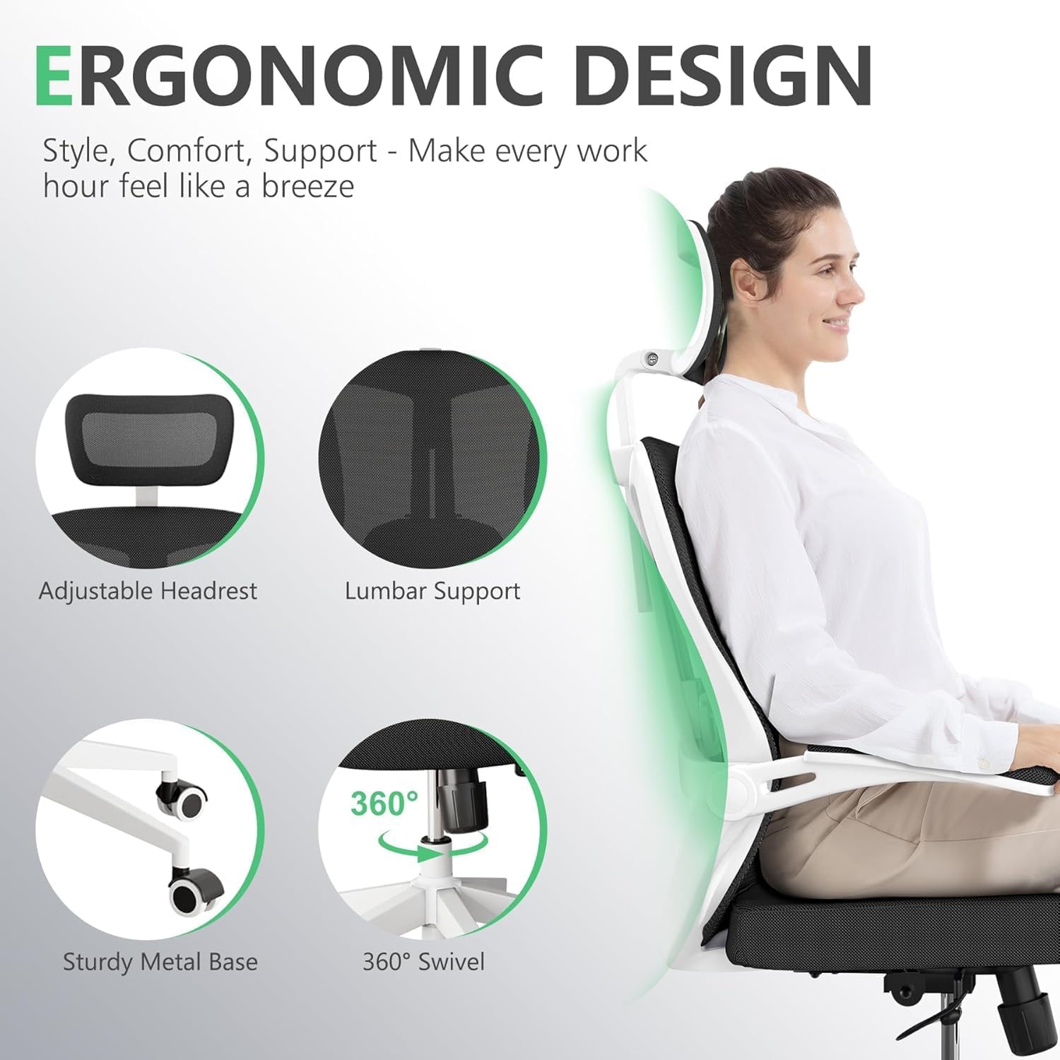 300 LBS Ergonomic Office Computer Mesh Chair - Adjustable Height Rolling Desk Chair with Flip-Up Armrests & High Back Support - Comfortable Swivel Task Chair for Home Office