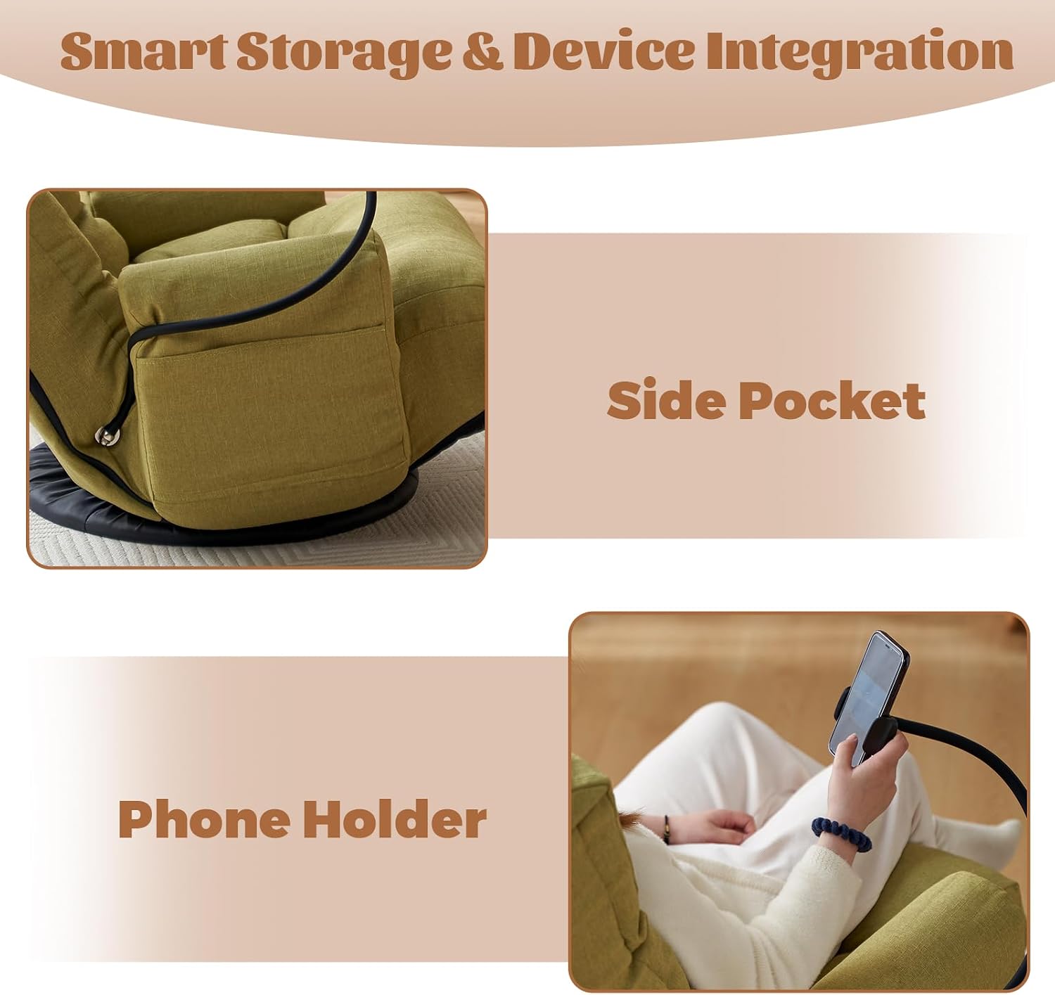 360° Swivel Floor Green Gaming Chair Linen Folding Lounge Sofa Chair with Adjustable Head and Waist, Armrests & Phone Holder, Padded Cushion Leisure Chairs for Living Room Bedroom
