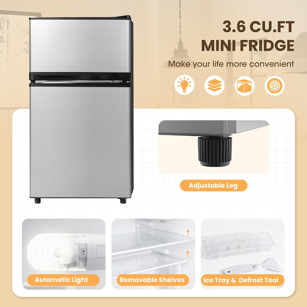 Manastin 3.6 Cu.Ft 2-Door Refrigerator with Freezer, 7-Level Thermostat & Adjustable Shelves, Quiet Operation for Kitchen, Office & Dorm (Silver)
