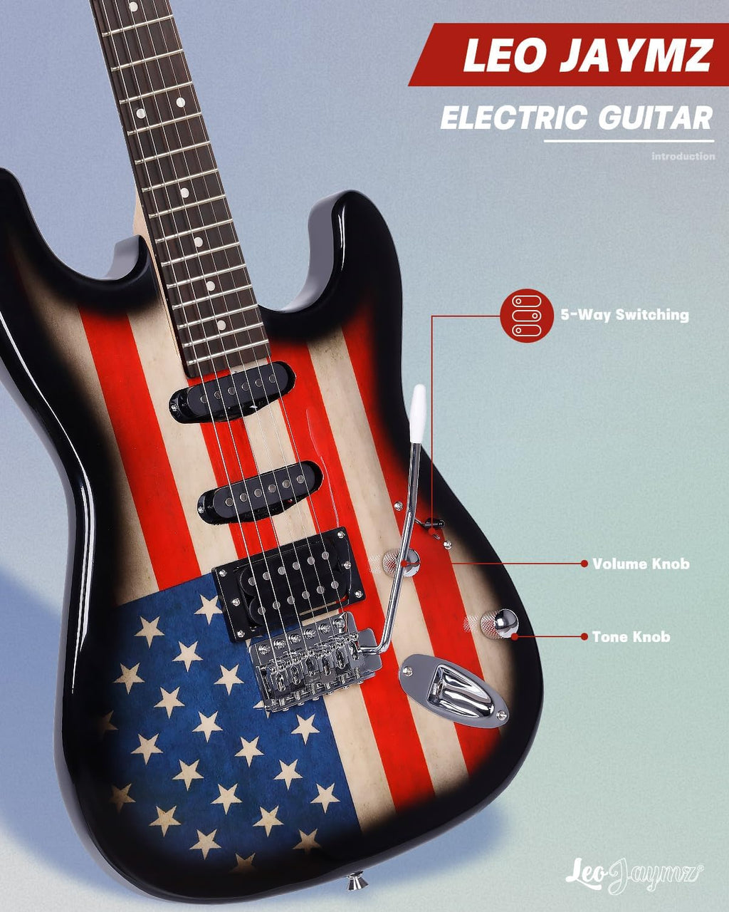Leo Jaymz 39' Full Size ST Style Electric Guitar Starter Kit with SSH Pickup, 5W Portable Amp, Tuner, Gig Bag, Strap & Accessories (US Flag)