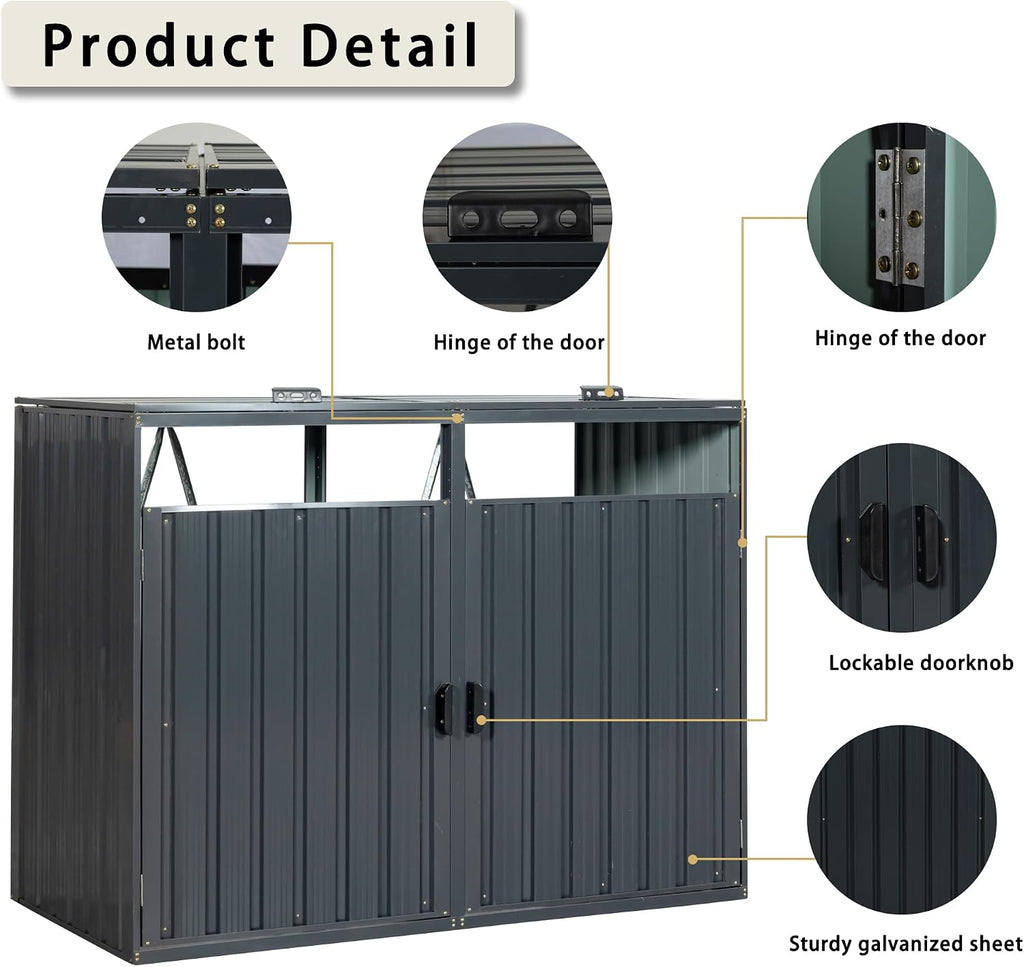 Outdoor Trash Can Storage Shed, Metal Trash Can Enclosure for 2 Trash Cans, Garbage Can Holders for Outside, Garbage Bin Storage Shed for Garden Yard Lawn (5.3 FT, Dark Gray)