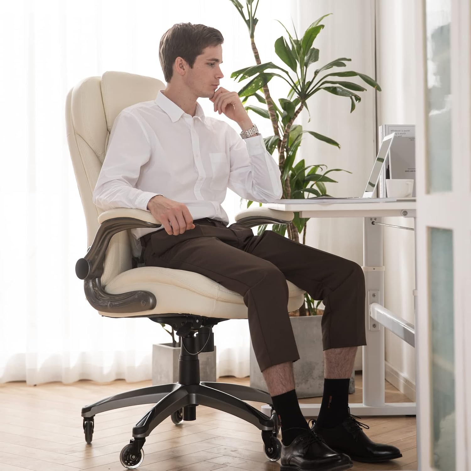 Executive Office Chair-Ergonomic Computer Desk Chair with Upgraded Caster for Swivel, High Back Office Chair with Padded Flip-up Arms,Leather Chair Thicken Seat for Comfort
