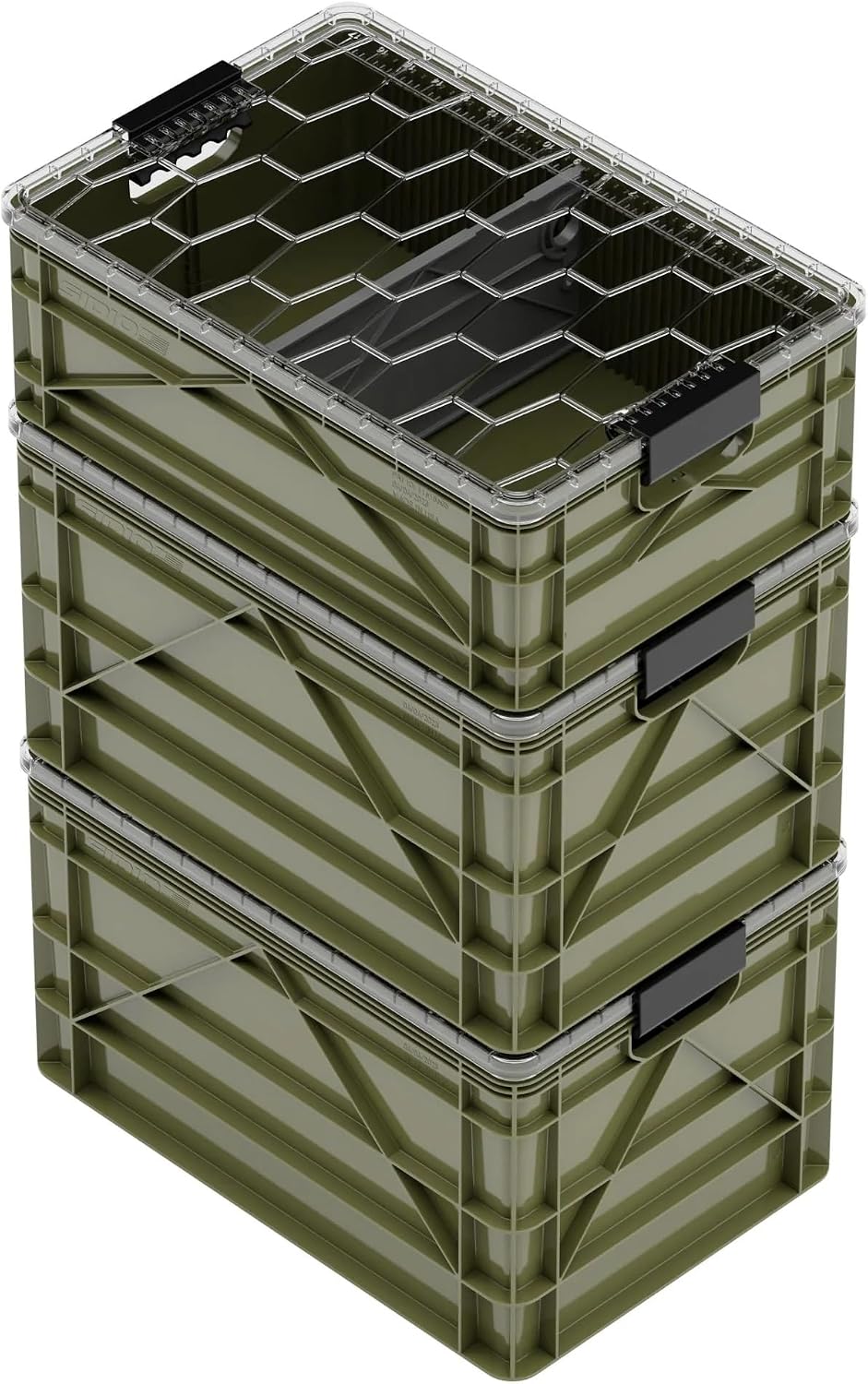SIDIO CRATE Starter Pack - Two Full Size and One Half Size SidioCrate, Stackable Outdoor Organizer Storage Bins with Clear Lid and Dividers - Green