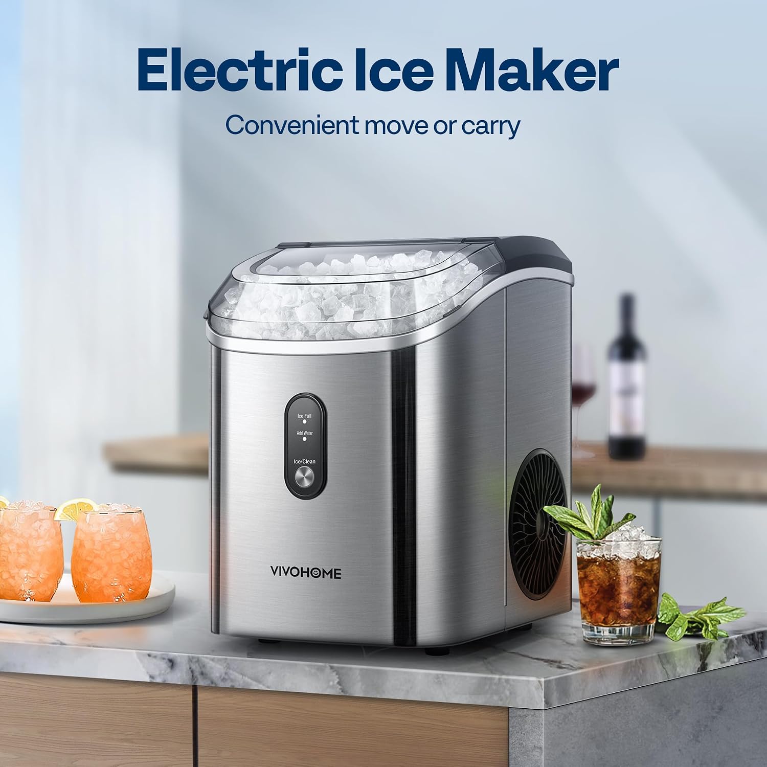 VIVOHOME Electric Portable Compact Countertop Automatic Chewable Nugget Ice Cube Maker Machine with Hand Scoop 10 Ice Bags and Self Cleaning Function 33lbs/Day Silver