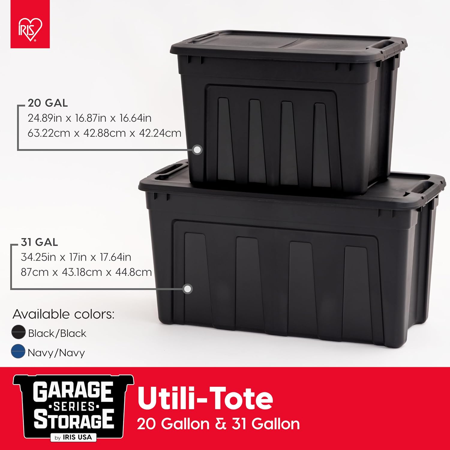 IRIS USA 31 Gallon Heavy Duty Storage Totes with Easy-Grip Handles, 4 Pack - Large Bins with Lids Garage Organizing Tubs, Durable Stackable Utility Containers, Made in USA - Black