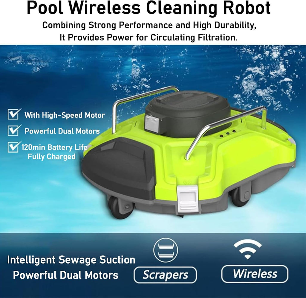 Automatic Robotic Pool Cleaner, Cordless Pool Vacuum Swimming Pool Cleaning Robot White, with Intelligent Navigation, for Above In Ground Pools