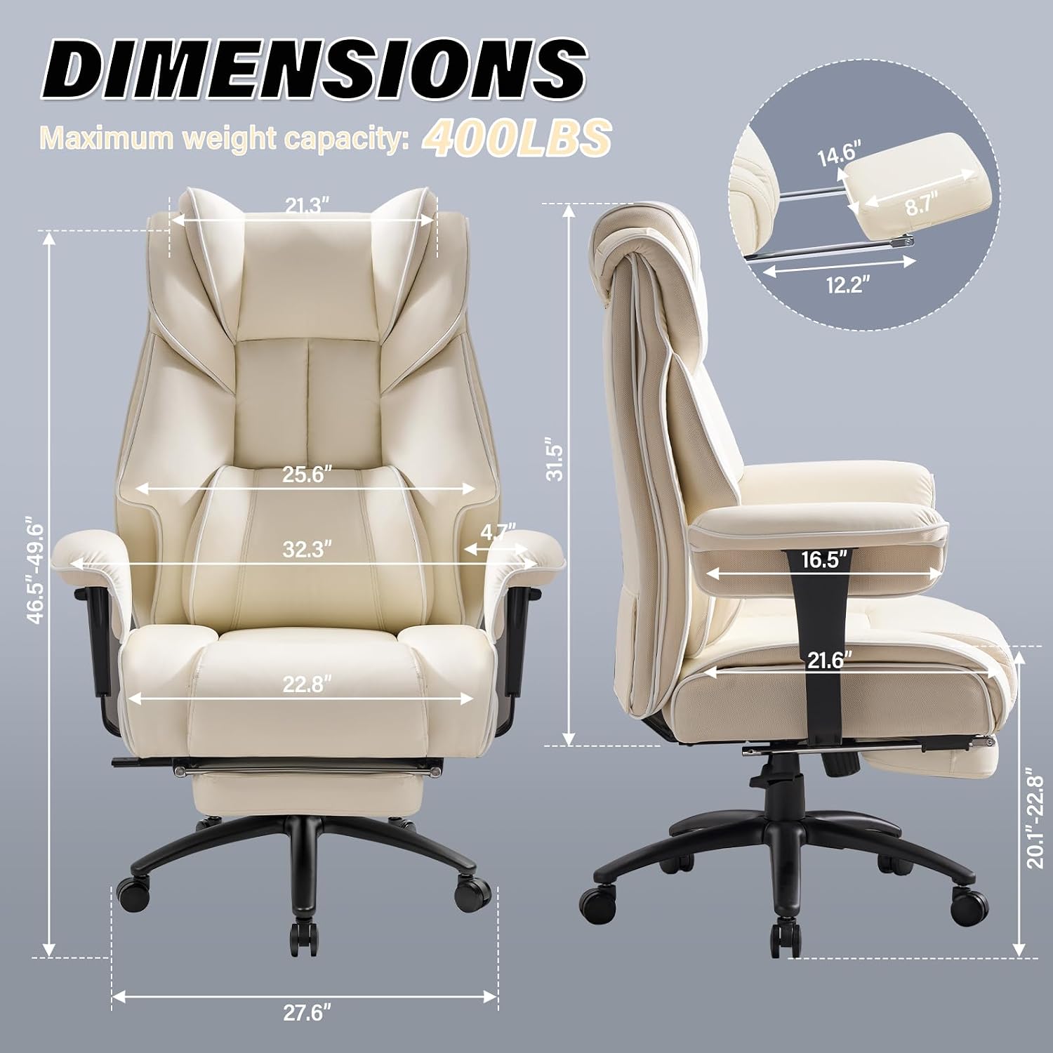 Big and Tall Office Chair 400LBS with Foot Rest & Waist Lumber Support, Ergonomic Gaming Chair with 2D Armrests, High-Back Leather Reclining Executive Chair for Home, Office, Beige