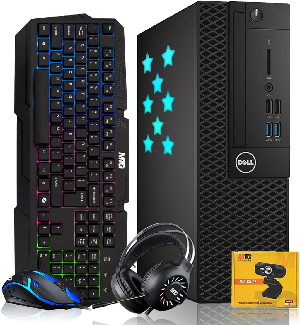 Dell Desktop PC Gaming Bundle - Intel Core i7, 16GB RAM, 512GB SSD, GT 730, RGB Keyboard with AI-Enabled Copilot Key, Mouse, RGB Headphone, Webcam, Wi-Fi, Windows 11 Pro (Renewed)