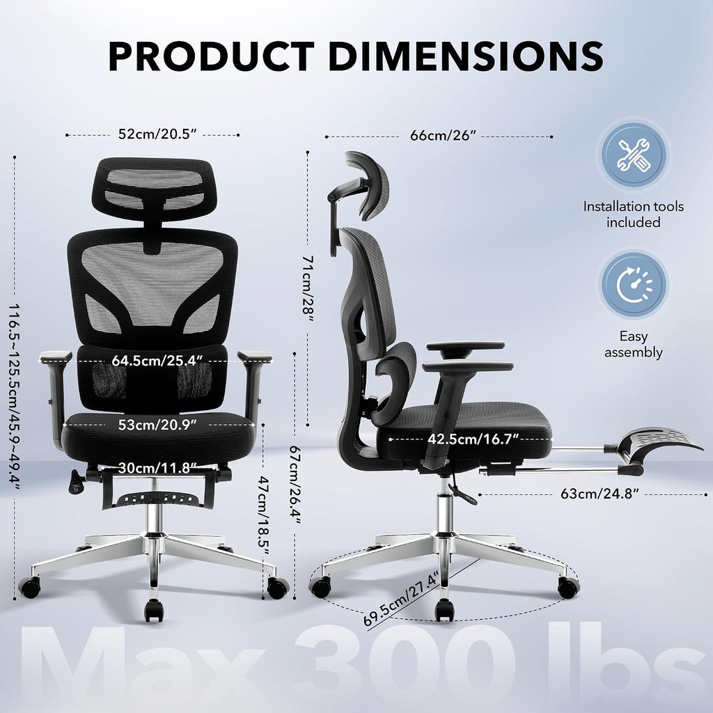 Office Chair Ergonomic Desk Chair - Home Mesh Chair with Adjustable Footrest Lumbar Support, High-Back Computer Gaming Chair with Headrest 3D Armrests, Rolling Swivel Task Chairs for Home, Office