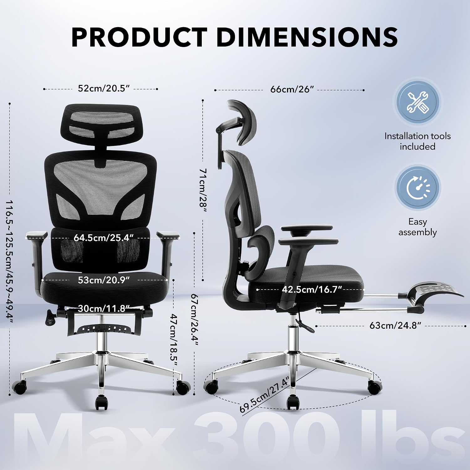 Office Chair Ergonomic Desk Chair - Home Mesh Chair with Adjustable Footrest Lumbar Support, High-Back Computer Gaming Chair with Headrest 3D Armrests, Rolling Swivel Task Chairs for Home, Office