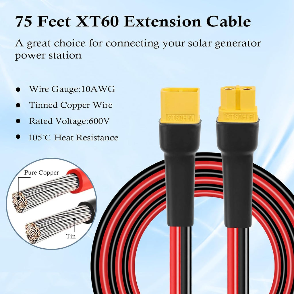 MOOKEERF 75FT XT60 Extension Cable - 10AWG with Male to Female Connector for Portable Power Station, Solar Panel, RC Battery