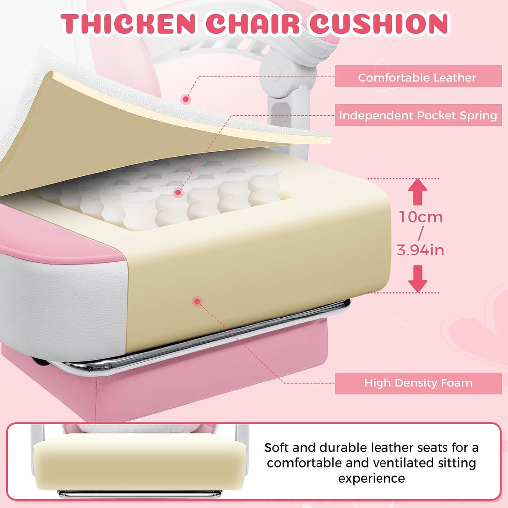 HOFFREE Pink Gaming Chair with Cat Ears and Cloud Massage Lumbar Ergonomic Cute Computer Chair for Girls with Footrest Comfortable Reclining Game Chairs for Adults Pink and White