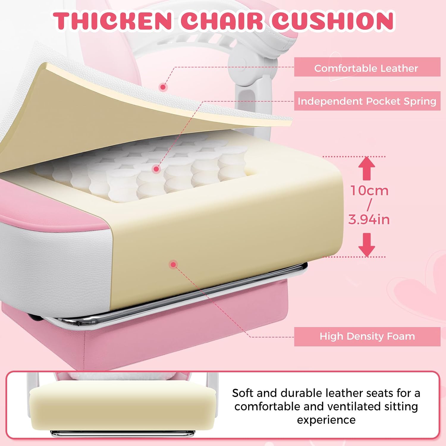 HOFFREE Pink Gaming Chair with Cat Ears and Cloud Massage Lumbar Ergonomic Cute Computer Chair for Girls with Footrest Comfortable Reclining Game Chairs for Adults Pink and White
