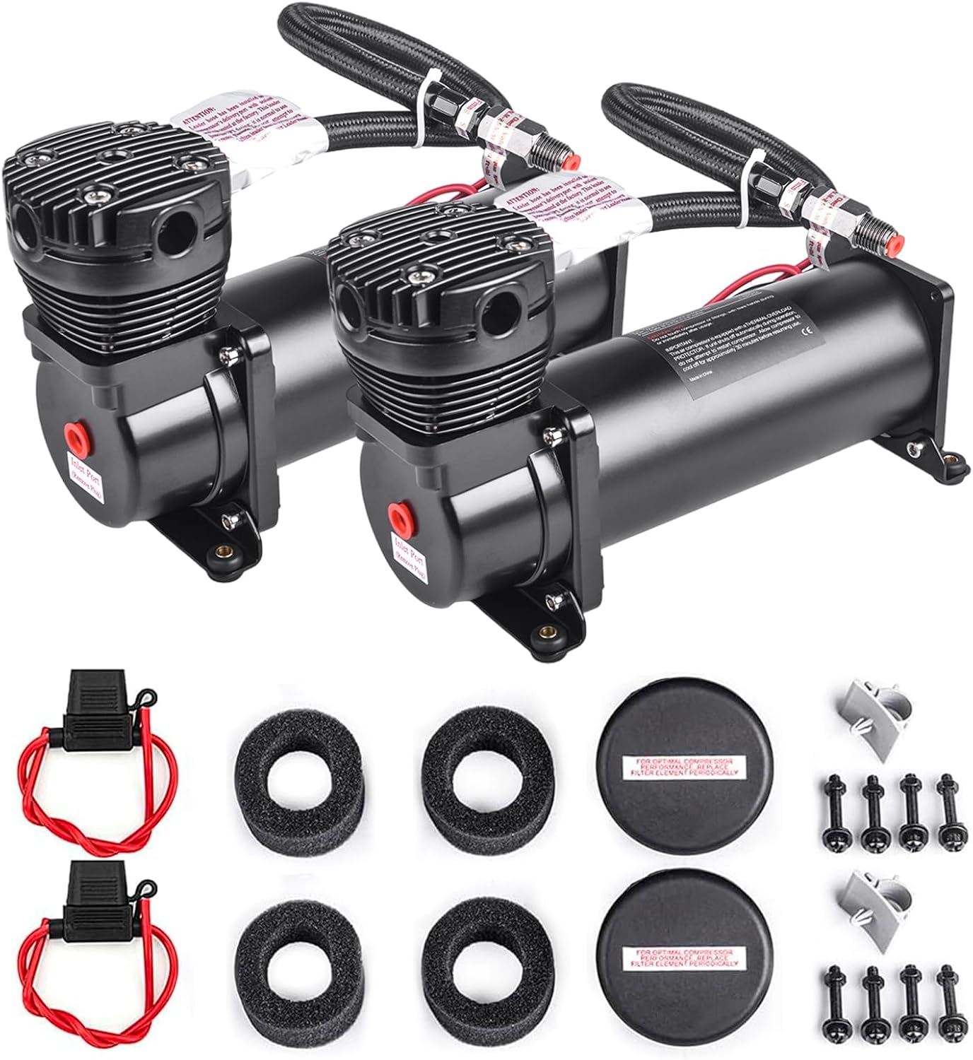 Heavy Duty 200 PSI Air horn Compressor Dual Value Pack, 3/8 NPT Train Horn/Air Ride Compressor, Fittings for 12V Train/Truck/Car,Air Suspension horn Compressor BLACK