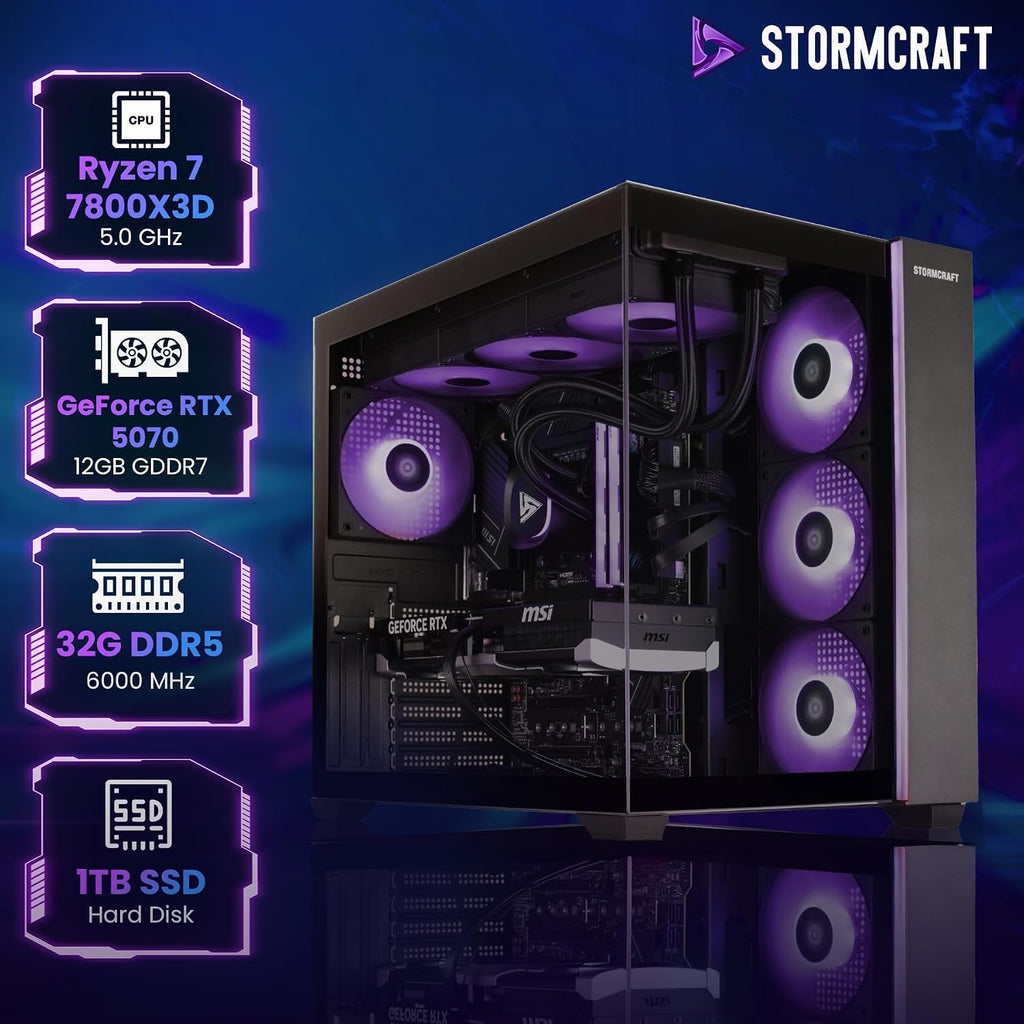 STORMCRAFT Falcon Gaming PC - AMD Ryzen 7 7800X3D up to 5.0GHz | RTX 5070 12GB GDDR7 | 32GB DDR5 RGB 6000MHz| 1TB NVMe Gen4 SSD | B850 Chipset | 360mm AIO | 850W Gold PSU | Win 11 Home