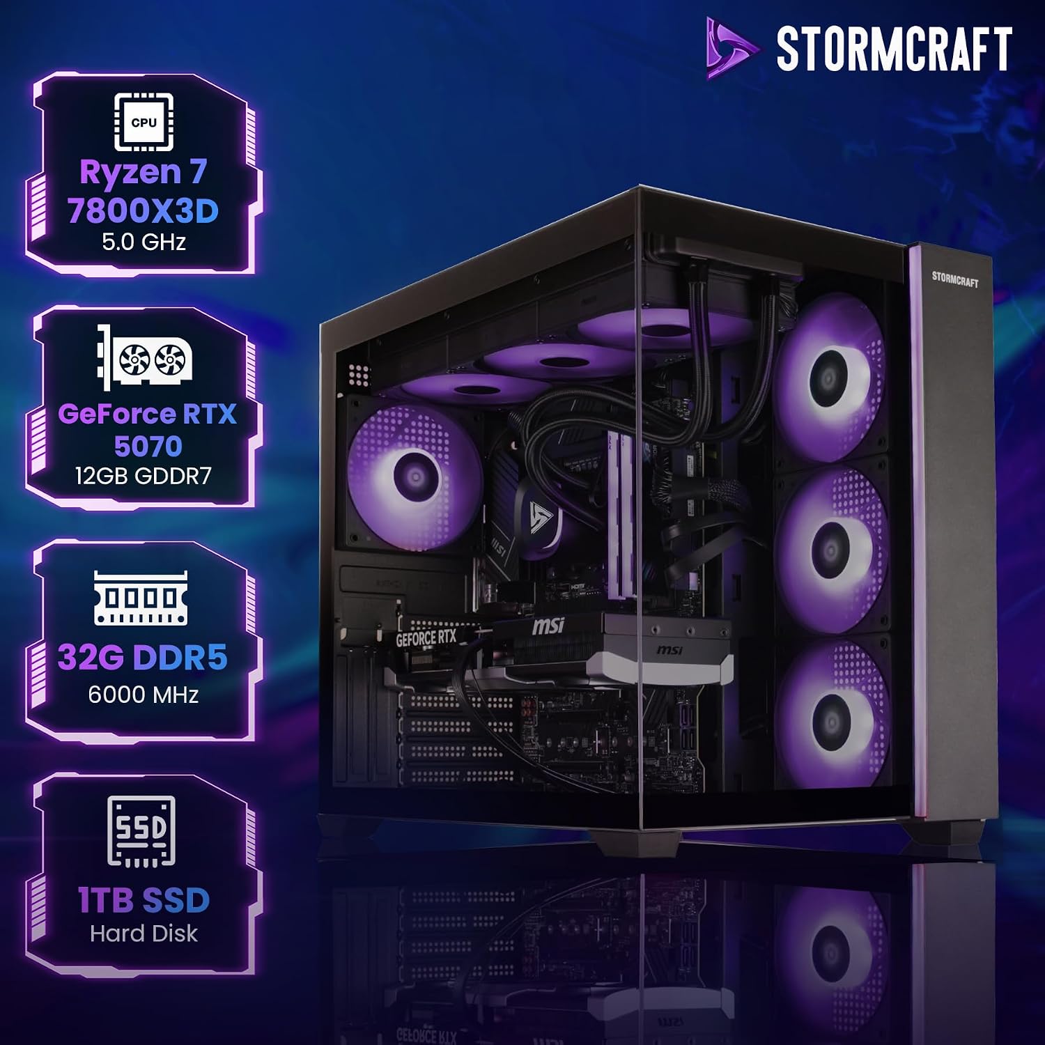 STORMCRAFT Falcon Gaming PC - AMD Ryzen 7 7800X3D up to 5.0GHz | RTX 5070 12GB GDDR7 | 32GB DDR5 RGB 6000MHz| 1TB NVMe Gen4 SSD | B850 Chipset | 360mm AIO | 850W Gold PSU | Win 11 Home