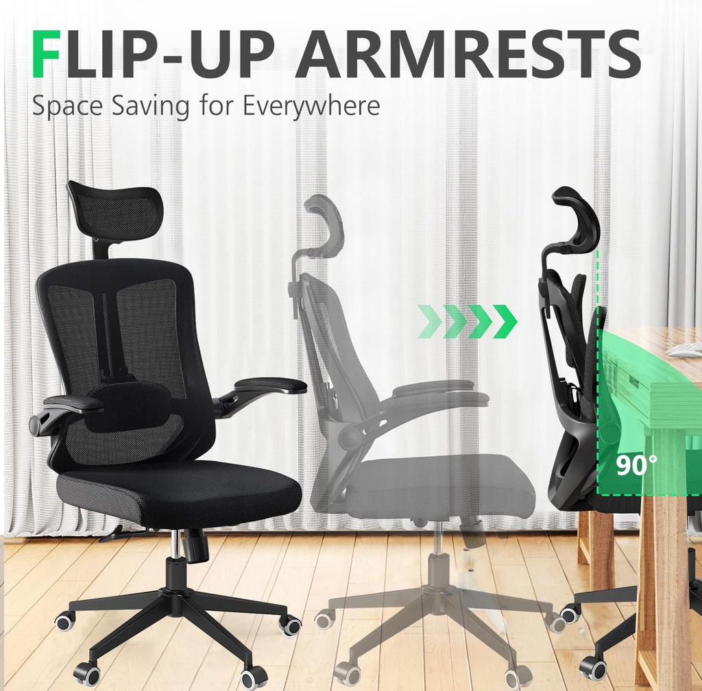 300 LBS Ergonomic Office Computer Mesh Chair - Adjustable Height Rolling Desk Chair with Flip-Up Armrests & High Back Support - Comfortable Swivel Task Chair for Home Office