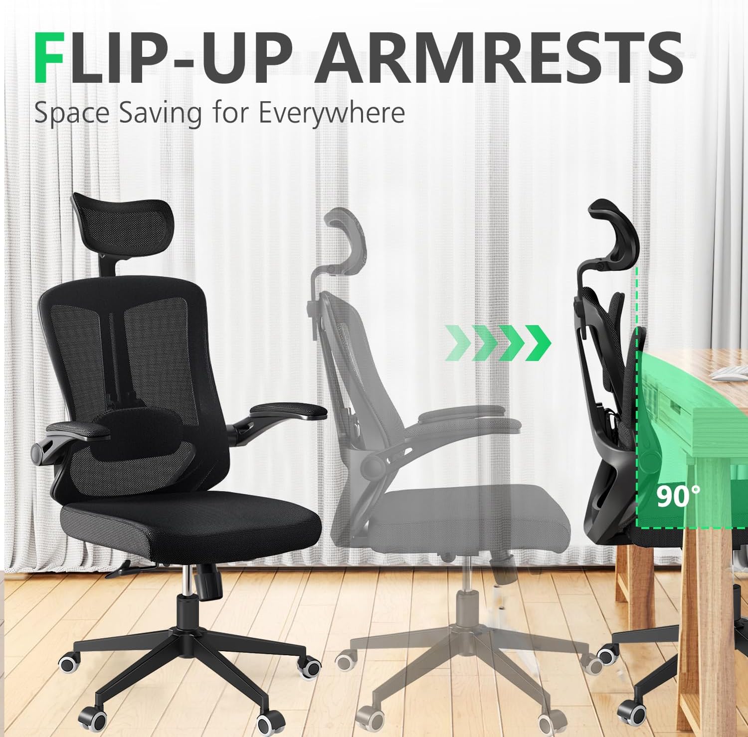 300 LBS Ergonomic Office Computer Mesh Chair - Adjustable Height Rolling Desk Chair with Flip-Up Armrests & High Back Support - Comfortable Swivel Task Chair for Home Office