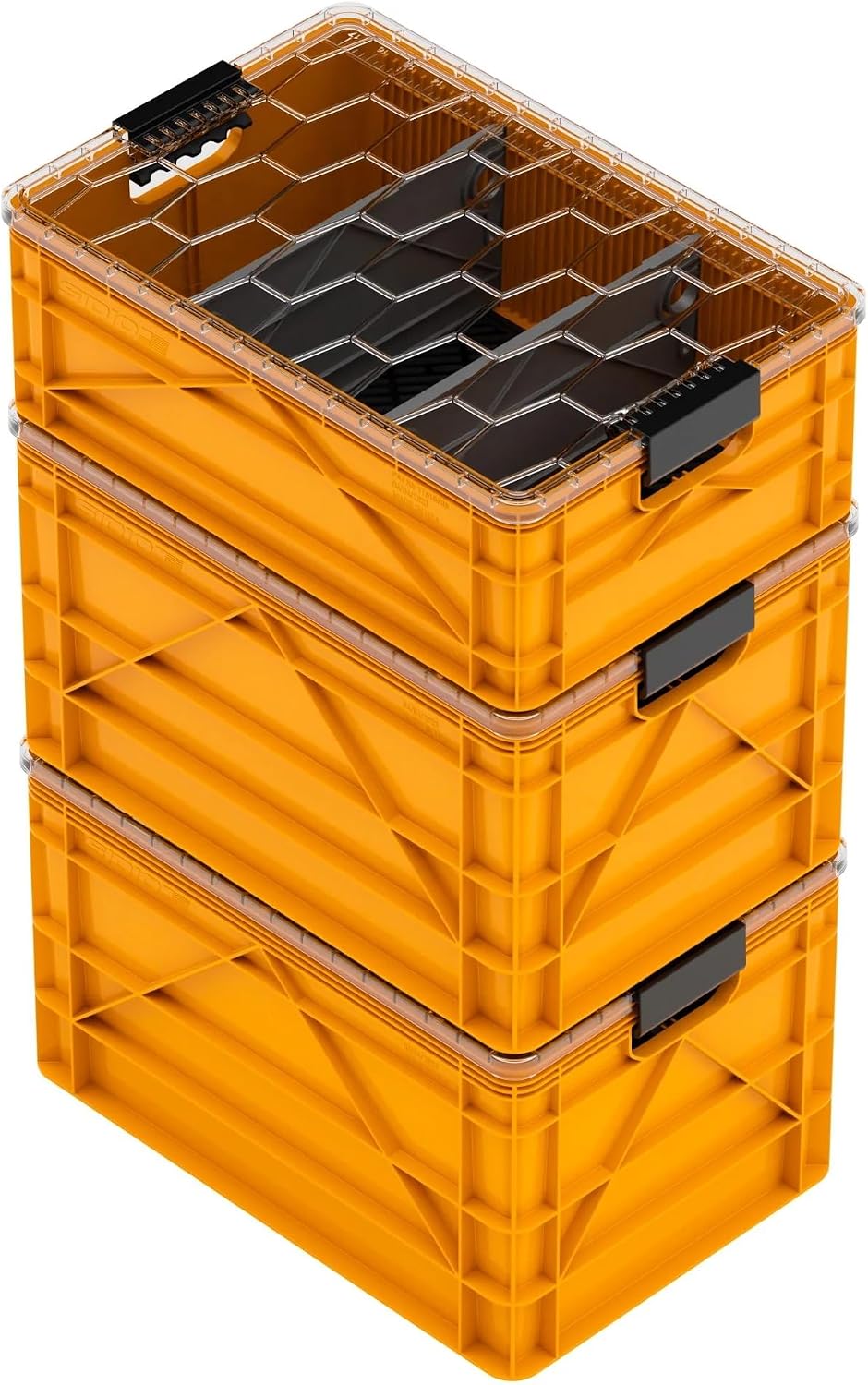 SIDIO CRATE Pro Pack - Two Full Size and One Half Size Heavy Duty Stackable Storage Bins, Totes and Containers with Lids and Dividers - Durable Organizer for Home, Office, Garage, and Outdoor Use