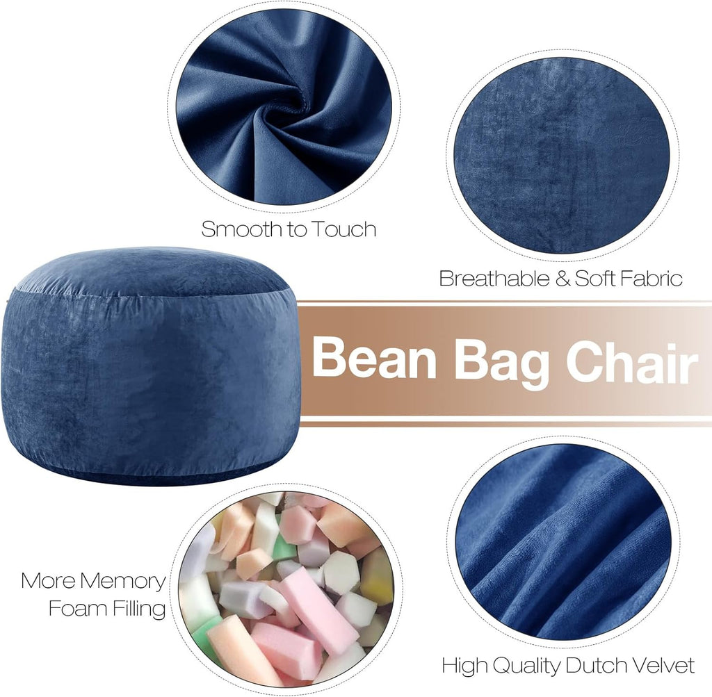 SHOUREN 5 Ft Bean Bag Chair,Memory Foam Bean Bag Chairs for Adults,Bean Bag Sofa for Living Room,Beanbag with Filler Included,Soft Velvet Fabric,Pull-Handle - 5 Foot,Navy