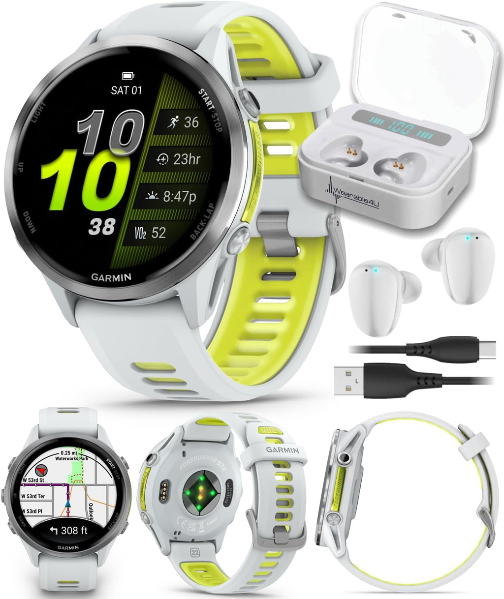 Garmin Forerunner 955, GPS Running Smartwatch, Tailored to Triathletes, Long-Lasting Battery, Whitestone with Wearable4U White Earbuds Bundle