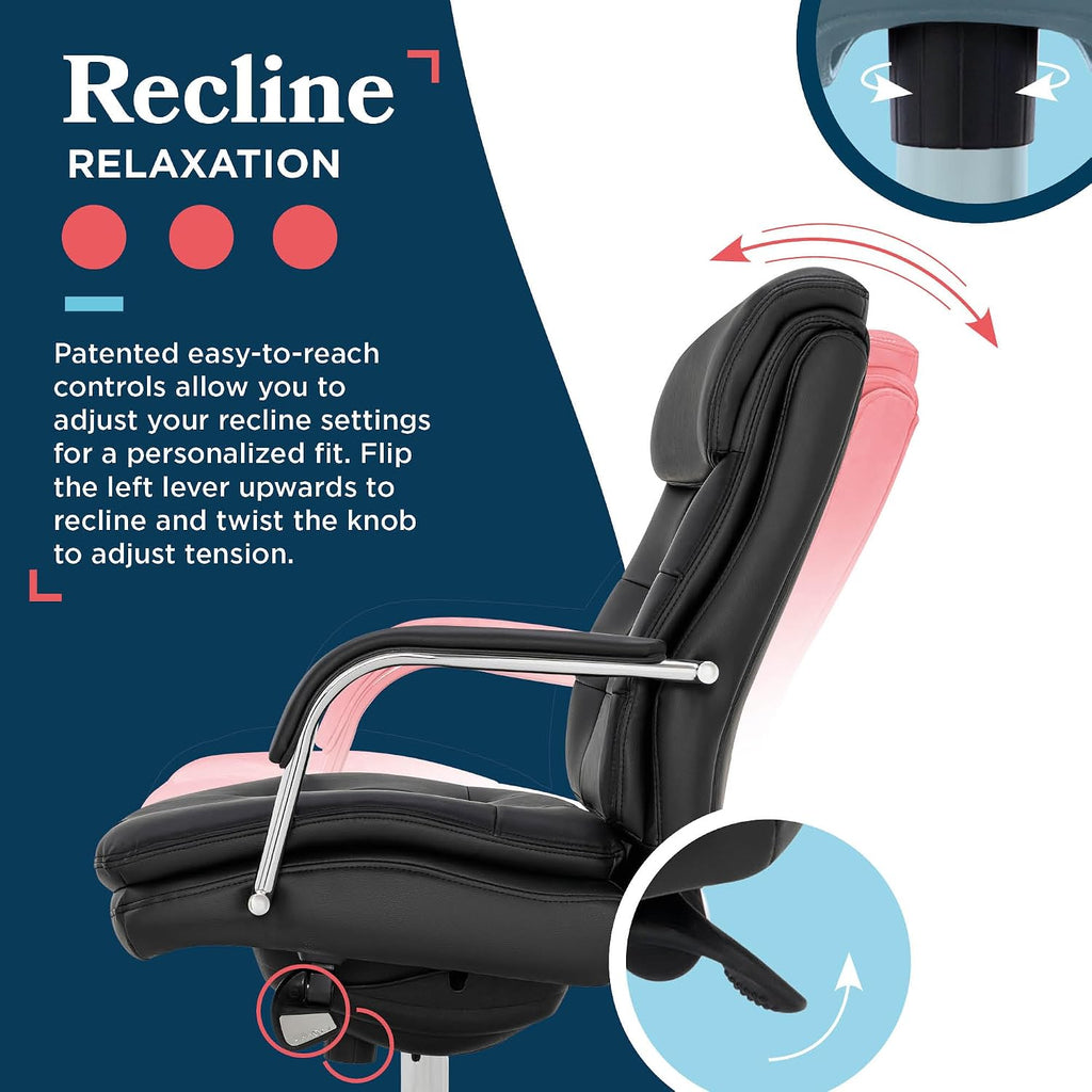 La-Z-Boy Sonata Executive Mid-Back Office Chair, Button-Tufted Seat and Back, Double-Layer Cushion, Padded Armrests, Ergonomic Computer DeskChair, Swivel Metal Base, Bonded Leather, Black/Chrome